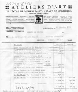 Ateliers d'art Maredsous - Invoice 1954.25 francs