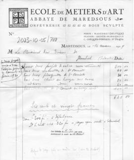 Ateliers d'art Maredsous - Invoice 620 francs