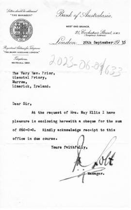Bank of Australia cheque from May Ellis