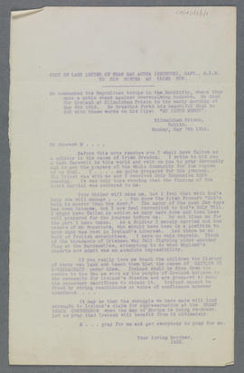 Copy of last letter of Seán Mac Aodha (Seán Heuston) to his sister