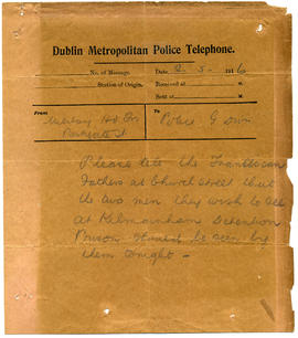 Note from Military Headquarters to Dublin Metropolitan Police