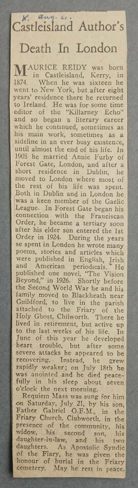 Castleisland Author’s (Maurice Reidy) death in London