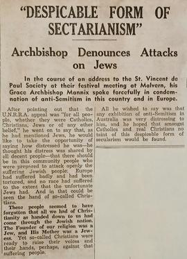 Archbishop Daniel Mannix denounces attacks on Jews