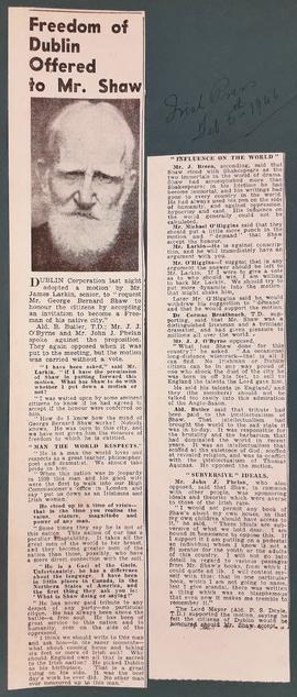 Freedom of Dublin offered to George Bernard Shaw