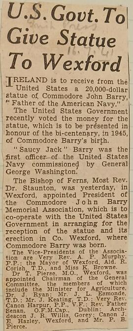 US Government to give statue to Wexford