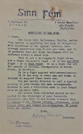 Circular letter re munitions of war fund