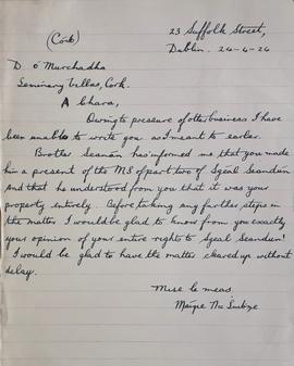 Copy letter from Mary MacSwiney to Diarmuid Ó Murchadha