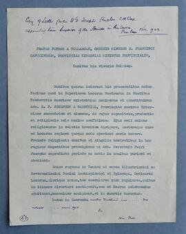 Copy letter from Fr. Peter Bowe to Fr. Joseph Fenelon