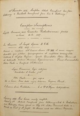 Copy of the Foundation Stone Inscription and Chronicle of Relocation of the Seraphic School to Rochestown