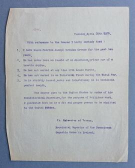 Copy note from Fr. Sylvester Mulligan