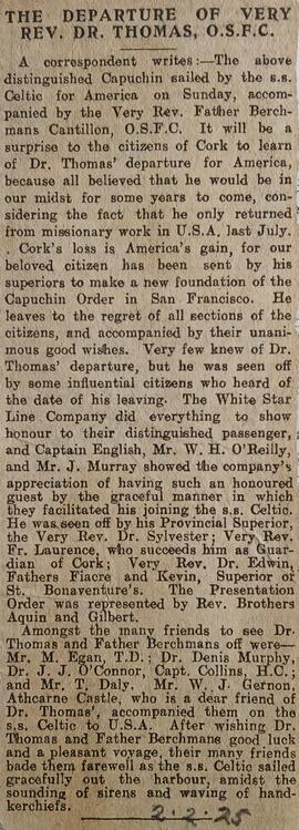 The departure of Fr. Thomas Dowling for the United States
