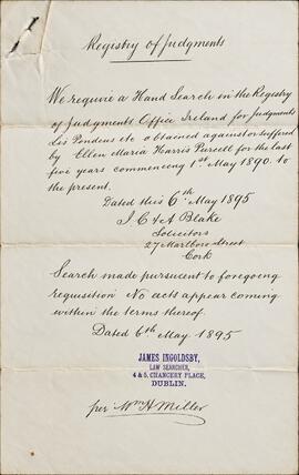 Registry of Judgments Office Hand Search Certificate regarding Ellen Maria Harris Purcell