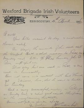 Letter to Patrick Pearse re the Wexford Brigade, Irish Volunteers