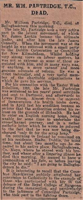 Newspaper clipping of an obituary for William Partridge