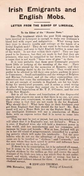 Irish Emigrants and English Mobs / Letter from the Bishop of Limerick