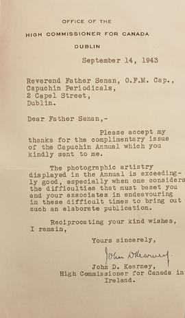 Letter from John D. Kearney, High Commissioner for Canada in Ireland