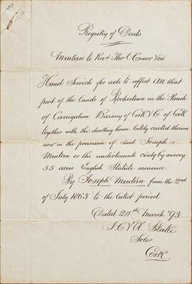 Registry of Deeds Requisition for Hand Search regarding Joseph Mintern (Mintern to Reverend Matthew O’Connor and others)