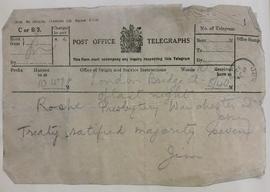 Telegram re Ratification of Anglo-Irish Treaty