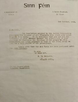 Circular re Dublin Corporation’s Resolution on Political Prisoners