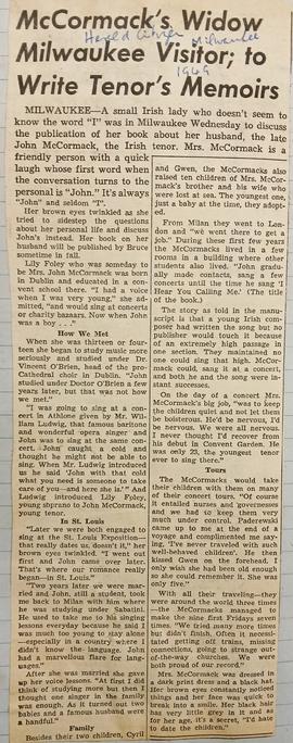 McCormack’s widow, Milwaukee visitor; to write tenor’s memoirs
