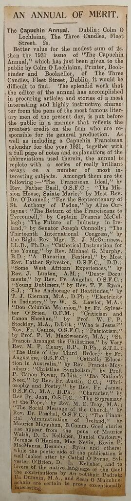 ‘The Cork Examiner’ Review of ‘The Capuchin Annual’ (1931)