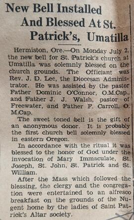 New bell at St. Patrick’s Church, Umatilla, Oregon