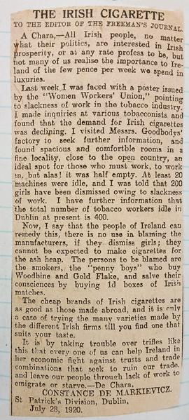 The Irish Cigarette / letter from Constance Markievicz