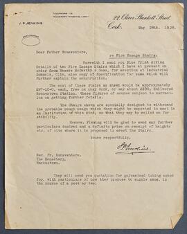 Letter from J.P. Jenkins to Fr. Bonaventure Murphy regarding Fire Escape Stairs