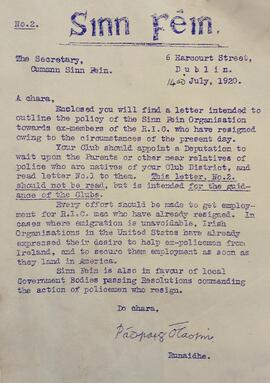 Circular letter re policy towards former RIC men