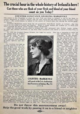 Flier for Public Lecture by Constance Markievicz in San Francisco