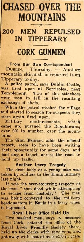 Chased over the mountains / 200 men repulsed in Tipperary / Cork Gunmen