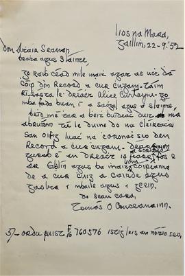 Letter from Tomás Ó Con Cheanainn