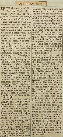 An Craoibhín / ‘Irish Press’ editorial on Douglas Hyde