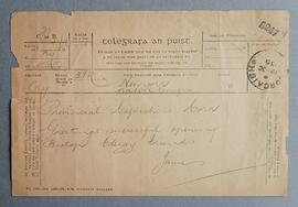 Telegram from Fr. James O’Mahony to Fr. Edwin Fitzgibbon