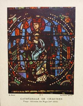 Postcard print of a stained-glass window in Chartres Cathedral