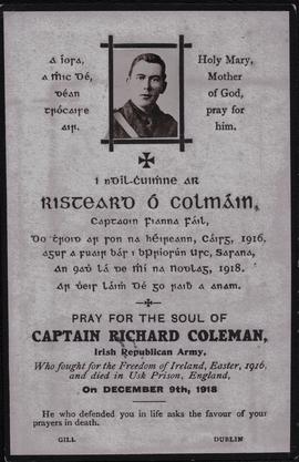 Memorial Card for Captain Richard Coleman ‘who fought for the Freedom of Ireland, Easter, 1916, a...