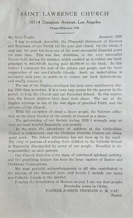 Parish Letter and Financial Statement: Saint Lawrence of Brindisi Church