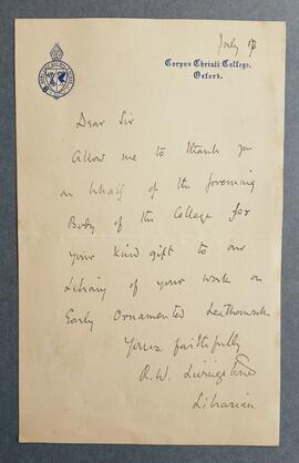 Letter from Richard Winn Livingstone