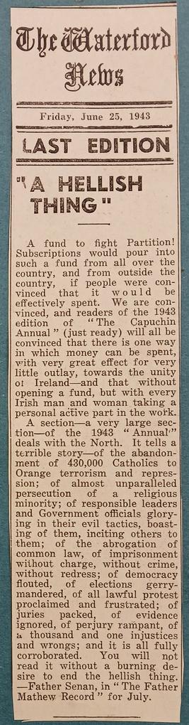 ‘The Waterford News’ on the partition issue in ‘The Capuchin Annual’ (1943)