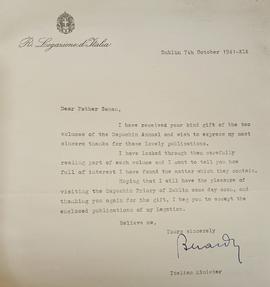 Letter from Vincenzo Berardis, Italian Minister to Ireland