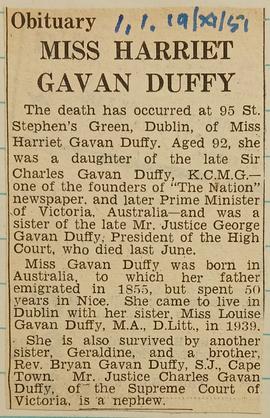 Death of Harriet Gavan Duffy