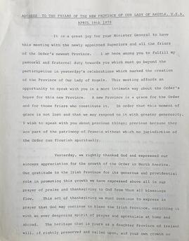 Address of the Minister General on the Foundation of the Western American Province