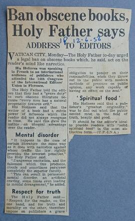 Ban obscene books, Holy Father says