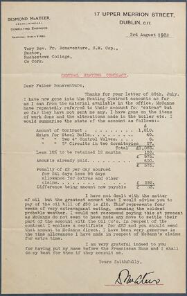 Correspondence regarding the Central Heating Installation at Rochestown Friary