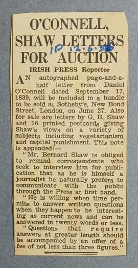 O’Connell, Shaw Letters for Auction