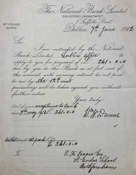 Letter to Patrick Pearse from W.H. Dunne