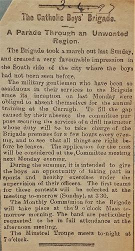 Newspaper clippings relating to the Catholic Boys’ Brigade