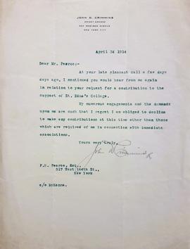 Letter to Patrick Pearse from John D. Crimmins
