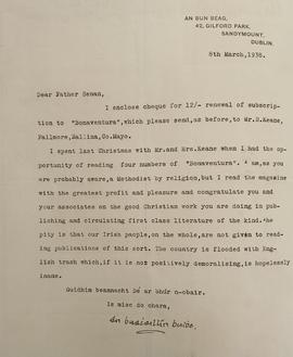 Letter from Earnán De Siúnta (‘An Buachaillín Buidhe’)