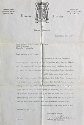 Letter from Bishop Louis B. Kucera